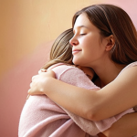 **

A person gently hugging themselves, bathed in warm, comforting light. Soft, pastel colors dominate. The background is blurred, suggesting a safe, nurturing space. Words like "compassion," "acceptance," and "kindness" subtly float in the air. The style should be comforting and inviting, like an oil painting.

**