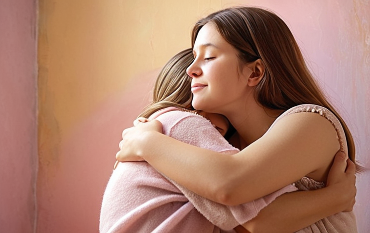 **
A person gently hugging themselves, bathed in warm, comforting light. Soft, pastel colors dominate. The background is blurred, suggesting a safe, nurturing space. Words like "compassion," "acceptance," and "kindness" subtly float in the air. The style should be comforting and inviting, like an oil painting.
**