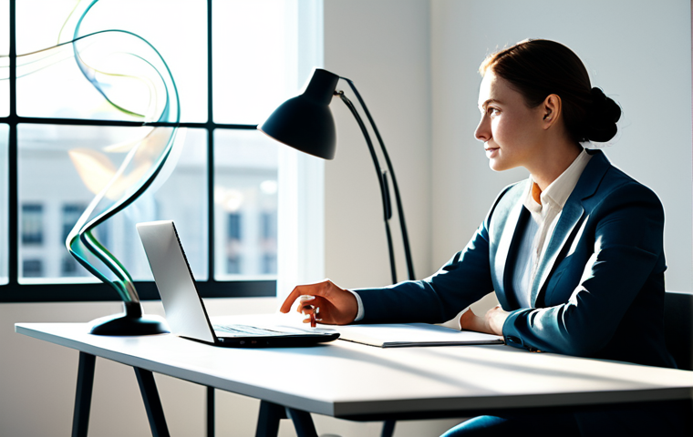 A professional individual in modest, contemporary business attire, seated calmly at a sleek, minimalist desk within a modern, sunlit office. Around their head, an intricate, luminous abstract representation of swirling thoughts and ideas manifests as ethereal patterns of soft light and color, symbolizing a rich internal dialogue. The mood is serene and contemplative. High-resolution, professional studio photography, soft cinematic lighting, ultra-detailed, correct proportions, perfect anatomy, natural pose, well-formed hands, proper finger count, fully clothed, appropriate attire, safe for work, modest, family-friendly content.