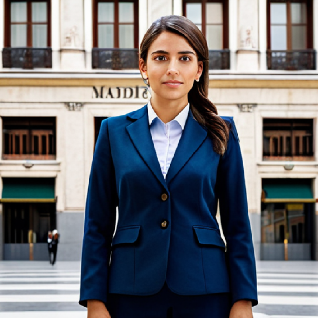 **
A professional businesswoman in a tailored, modest business suit, standing confidently in front of the Madrid Stock Exchange (Bolsa de Madrid). The background includes recognizable Spanish architecture and bustling city life. Fully clothed, appropriate attire, safe for work, perfect anatomy, natural proportions, professional photography, high quality, family-friendly.
**