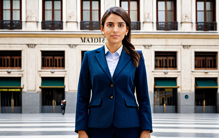 **
A professional businesswoman in a tailored, modest business suit, standing confidently in front of the Madrid Stock Exchange (Bolsa de Madrid). The background includes recognizable Spanish architecture and bustling city life. Fully clothed, appropriate attire, safe for work, perfect anatomy, natural proportions, professional photography, high quality, family-friendly.
**