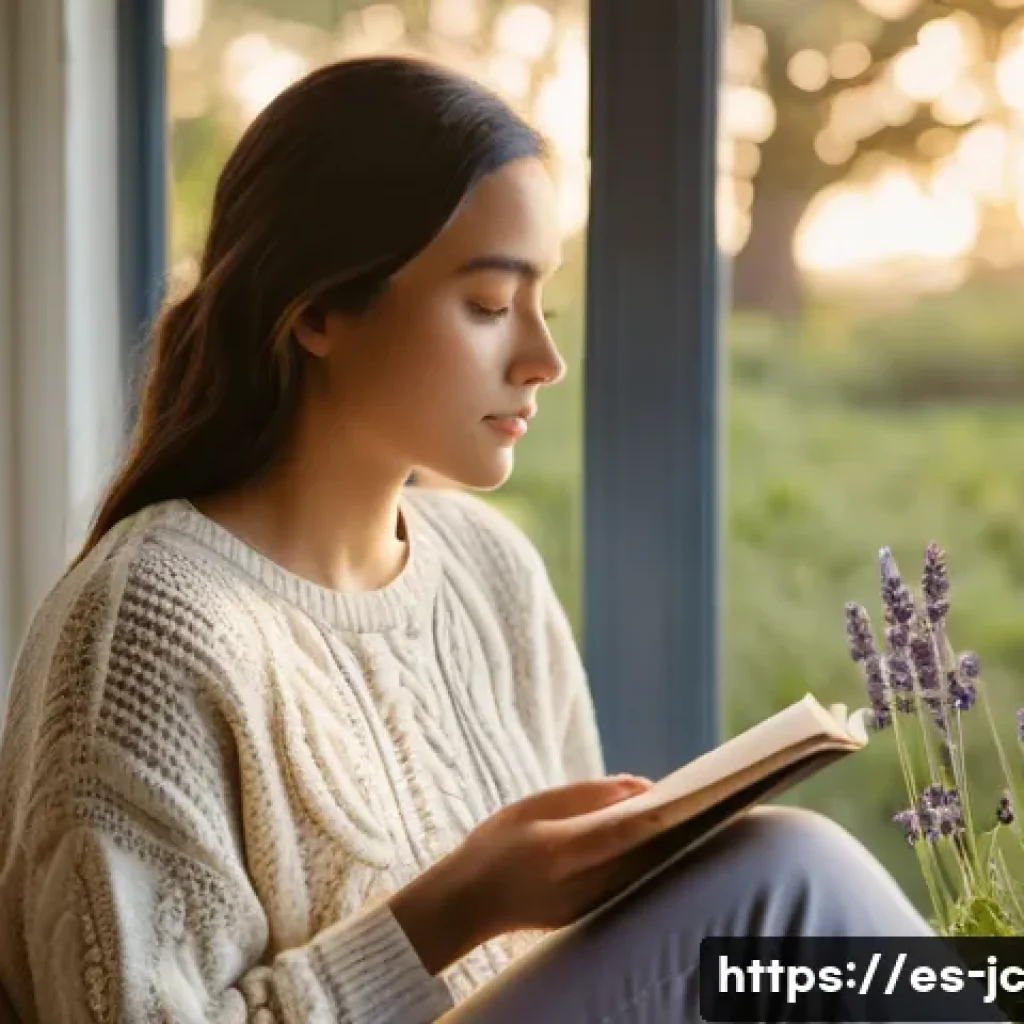 자기 대화 개선을 위한 일상 속 팁 - **Mindful Reflection in a Serene Setting:**
A young adult woman, dressed in a comfortable, modes...