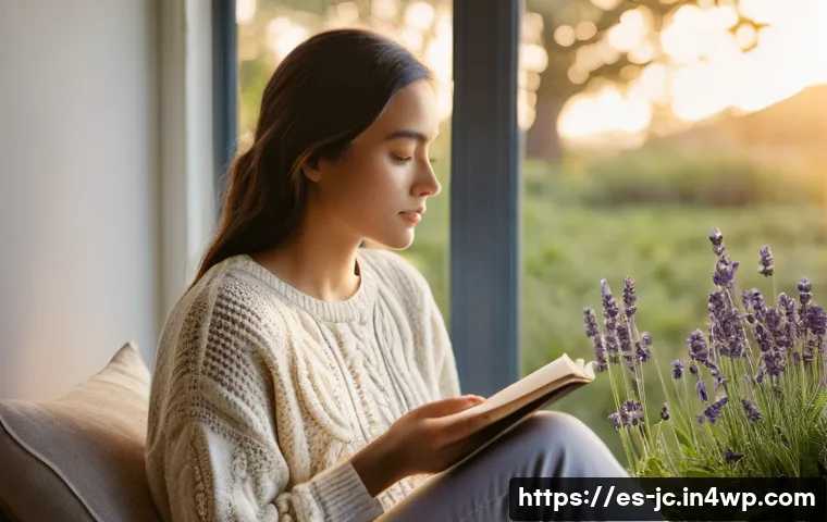 자기 대화 개선을 위한 일상 속 팁 - **Mindful Reflection in a Serene Setting:**
A young adult woman, dressed in a comfortable, modes...