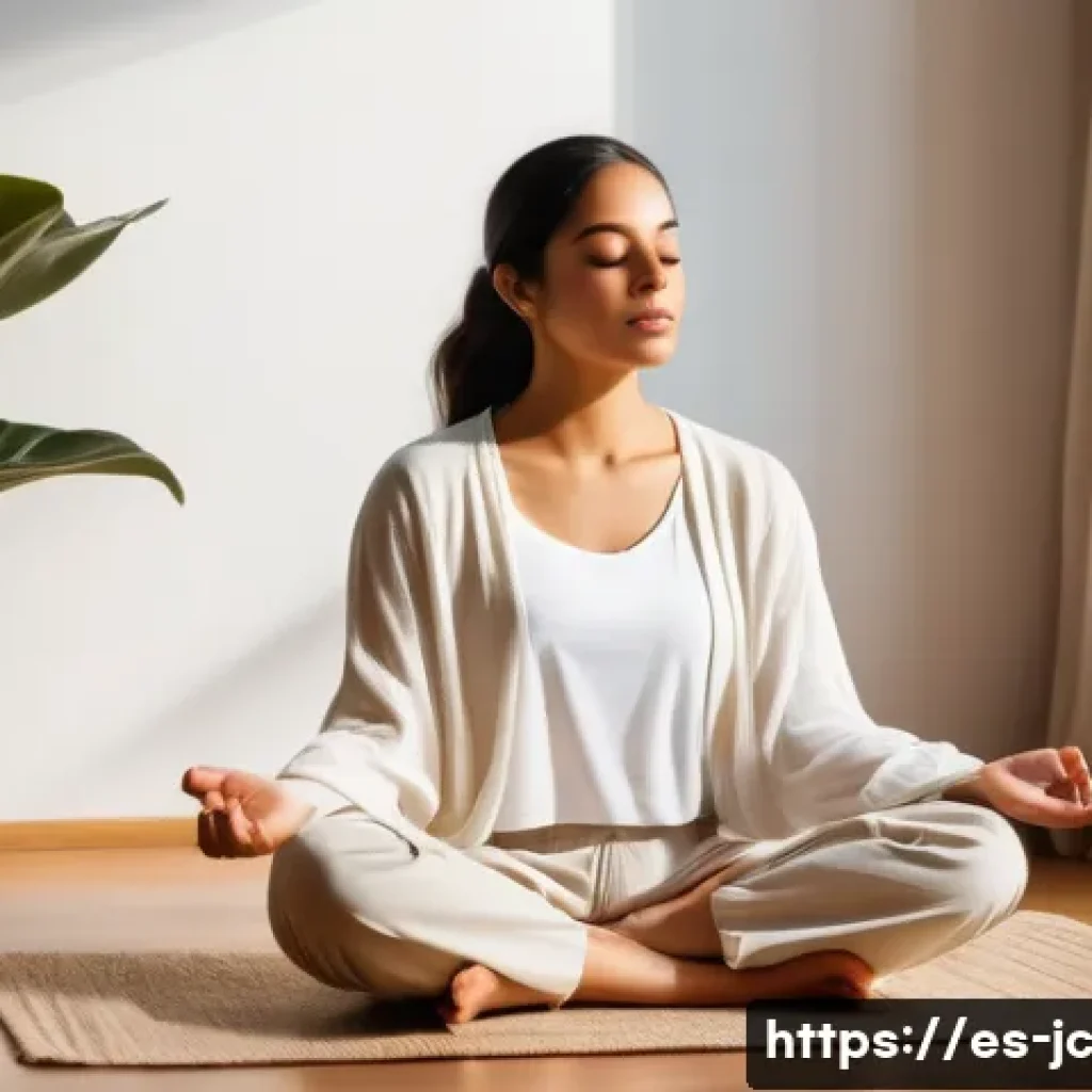 자기 대화와 진정한 자아 발견의 과정 - A serene young Hispanic woman sitting cross-legged on a wooden floor in a softly lit room, wearing c...