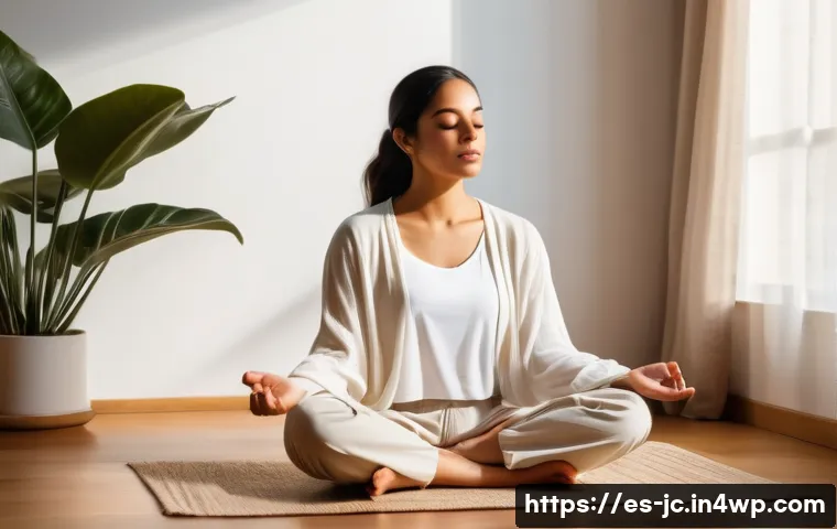 자기 대화와 진정한 자아 발견의 과정 - A serene young Hispanic woman sitting cross-legged on a wooden floor in a softly lit room, wearing c...