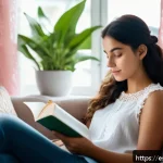 Home 20 자기 대화 개선을 위한 온라인 커뮤니티 - A serene and cozy indoor scene of a young Spanish-speaking woman sitting comfortably on a colorful s...
