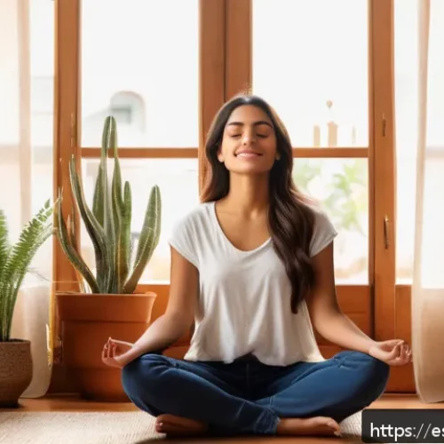 Home 31 자기 대화의 원인과 결과 - A serene, thoughtful young Hispanic woman sitting cross-legged in a cozy, sunlit living room, practi...
