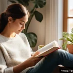 Home 18 자기 대화 개선을 위한 실천 방법 - A serene, cozy indoor scene showing a young adult woman sitting comfortably on a soft armchair by a ...
