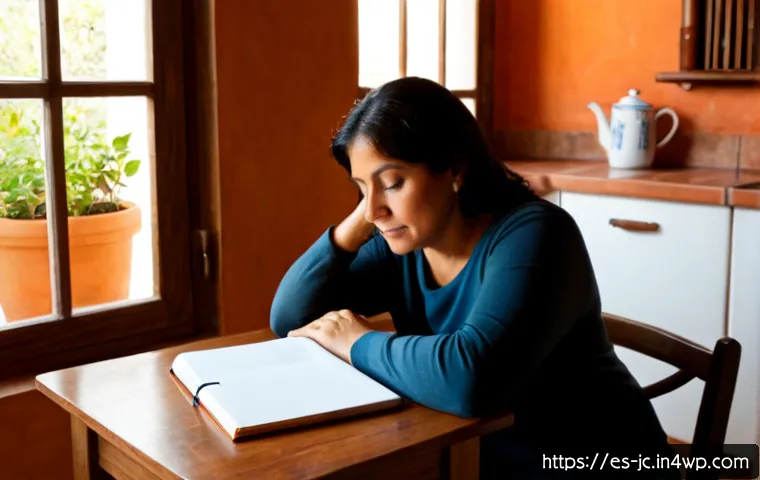 자기 대화와 정서적 웰빙의 관계 - Photorealistic lifestyle scene of a Hispanic woman in her 40s sitting peacefully at a sunlit kitchen...
